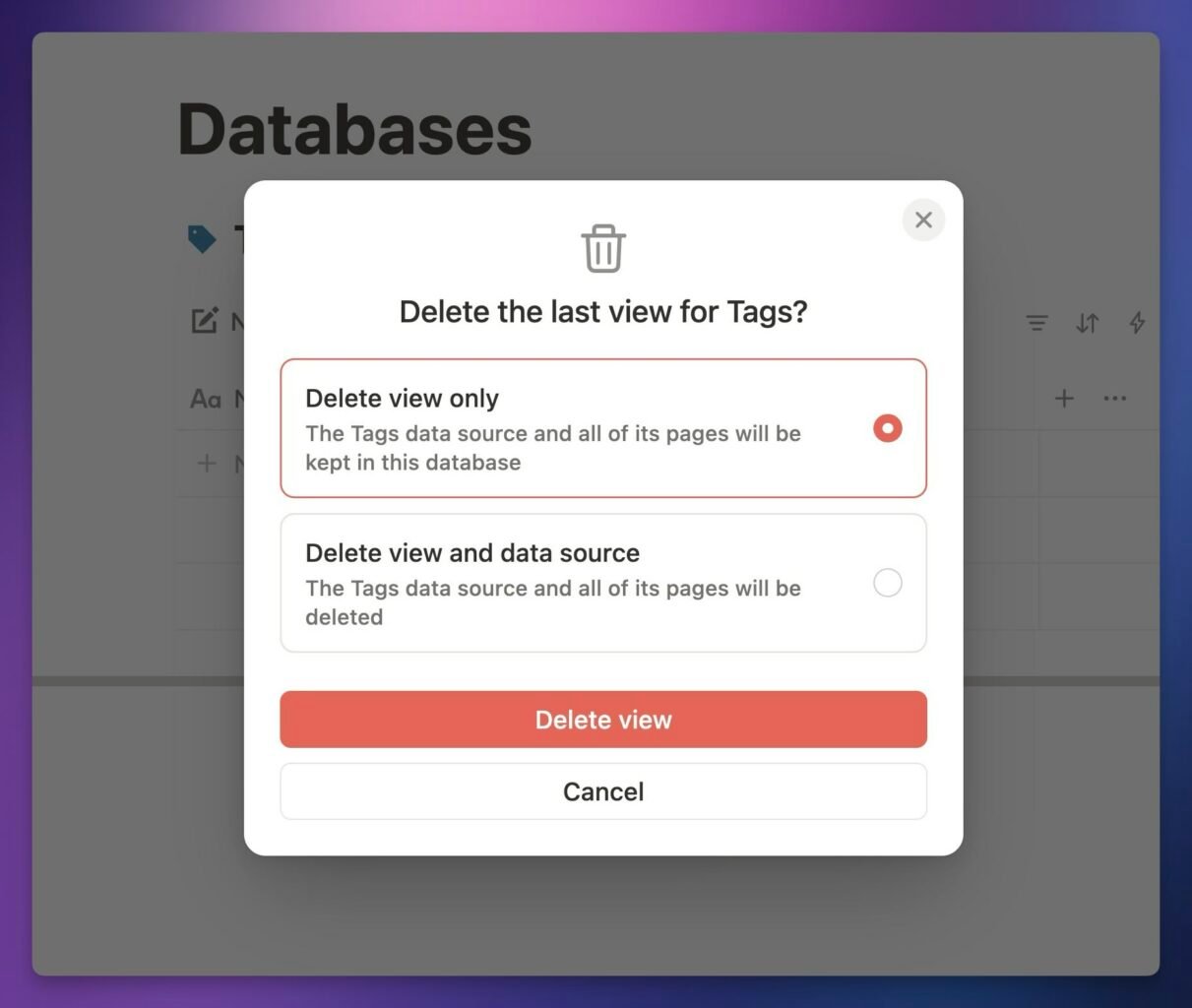 Screenshot showing how to delete a view. 