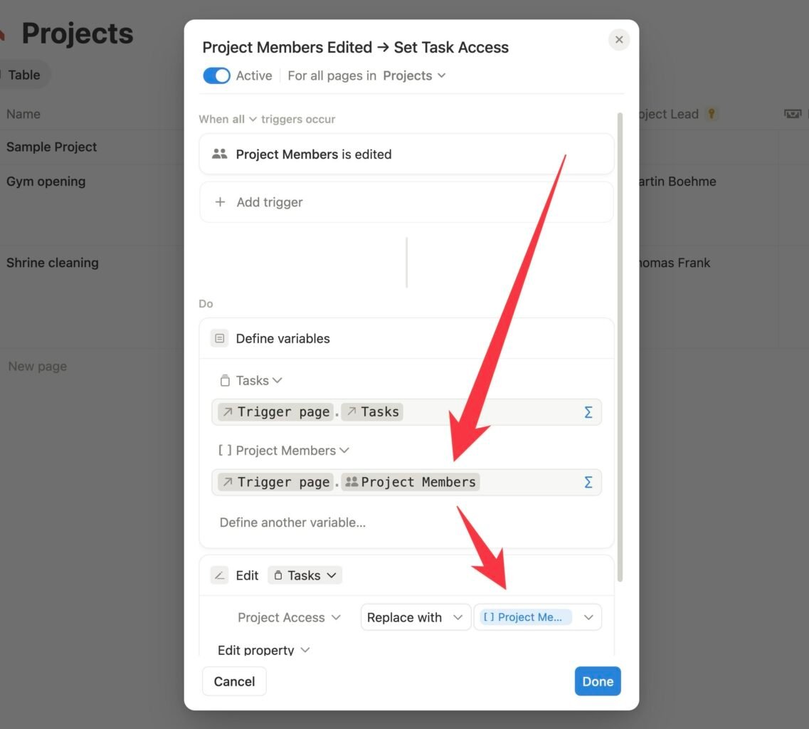 A screenshot showing a Notion database automation that automatically edits the project access property for all tasks related to a project. 