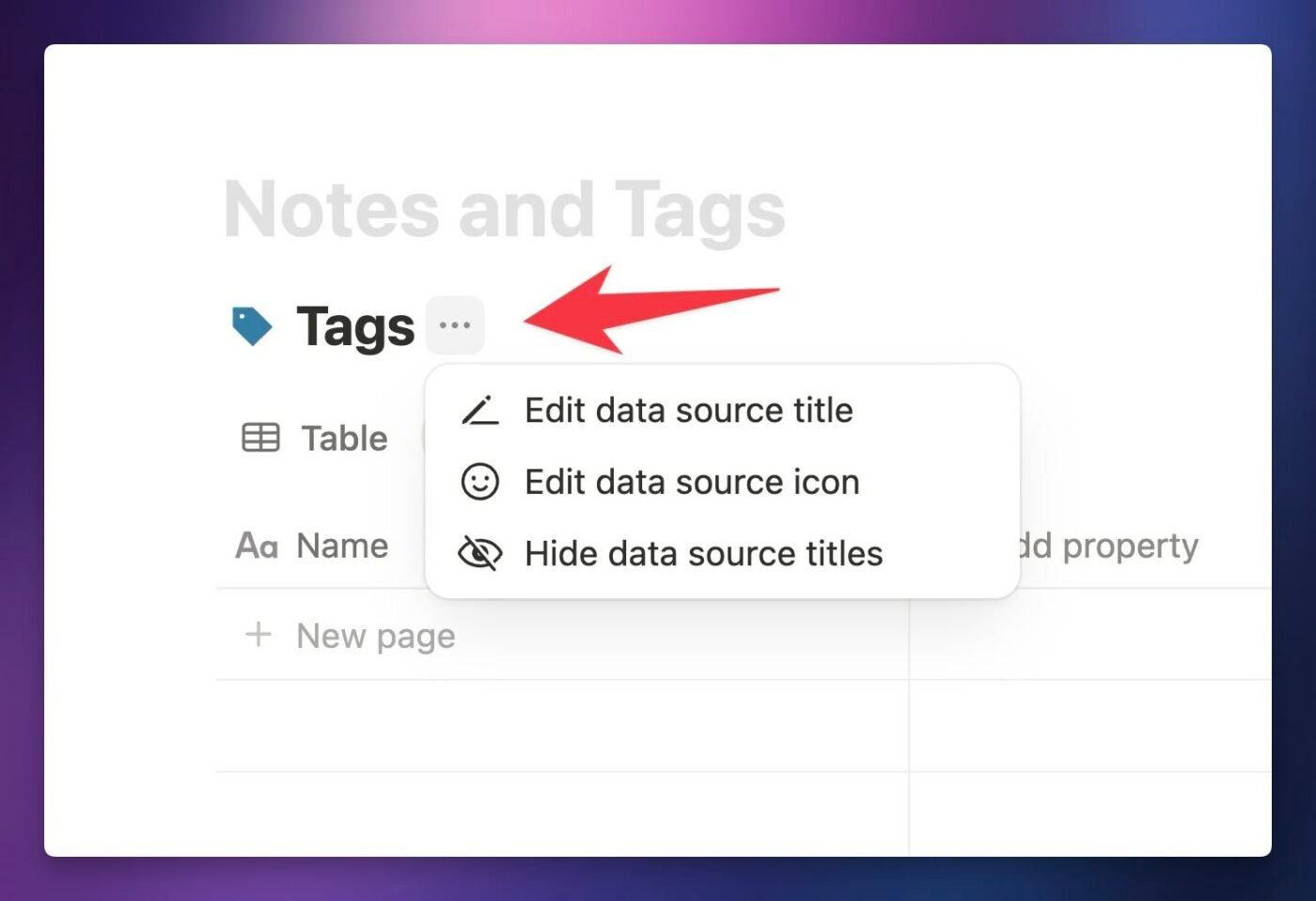 Screenshot showing the method for editing the data source title and icon. 