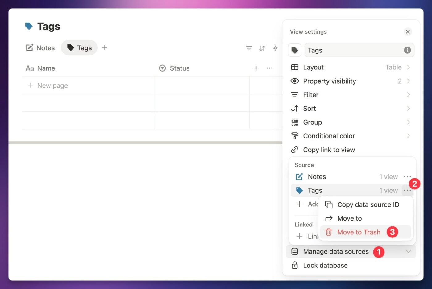 Screenshot showing how to delete a data source. 
