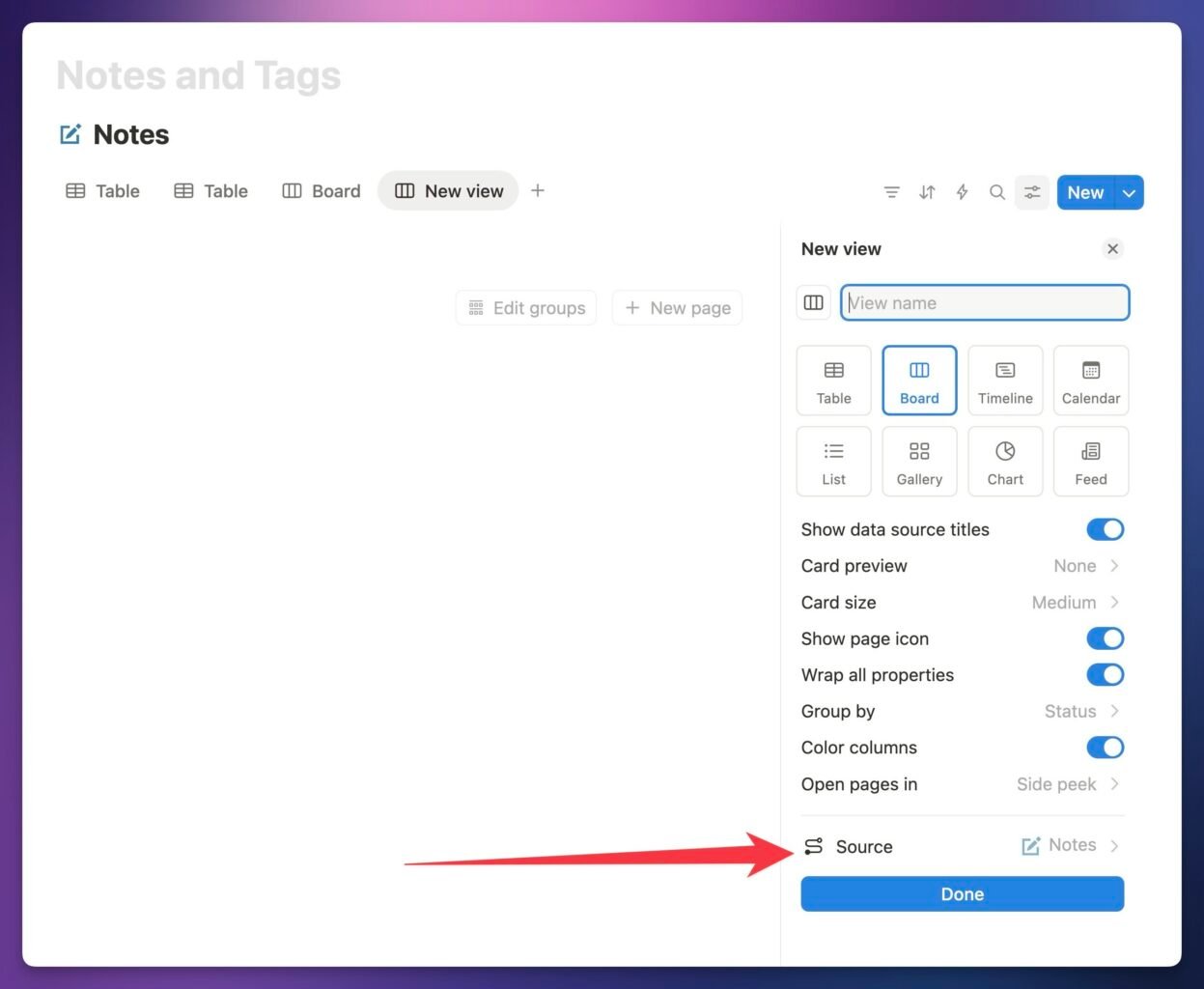 Screenshot showing how you can change the source while creating a new view. 