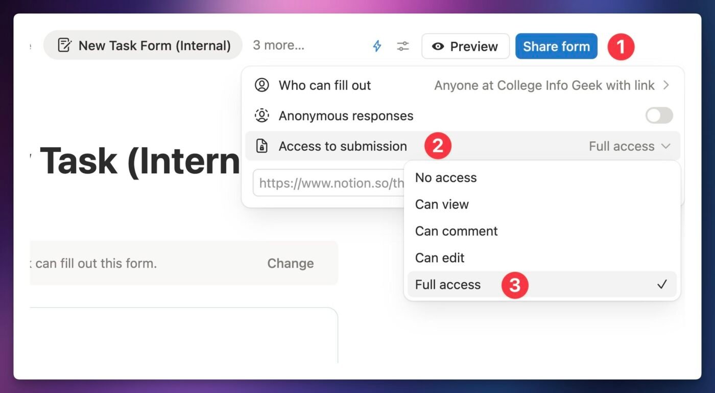 Screenshot showing how to modify the Access to Submission setting in a Notion form. 