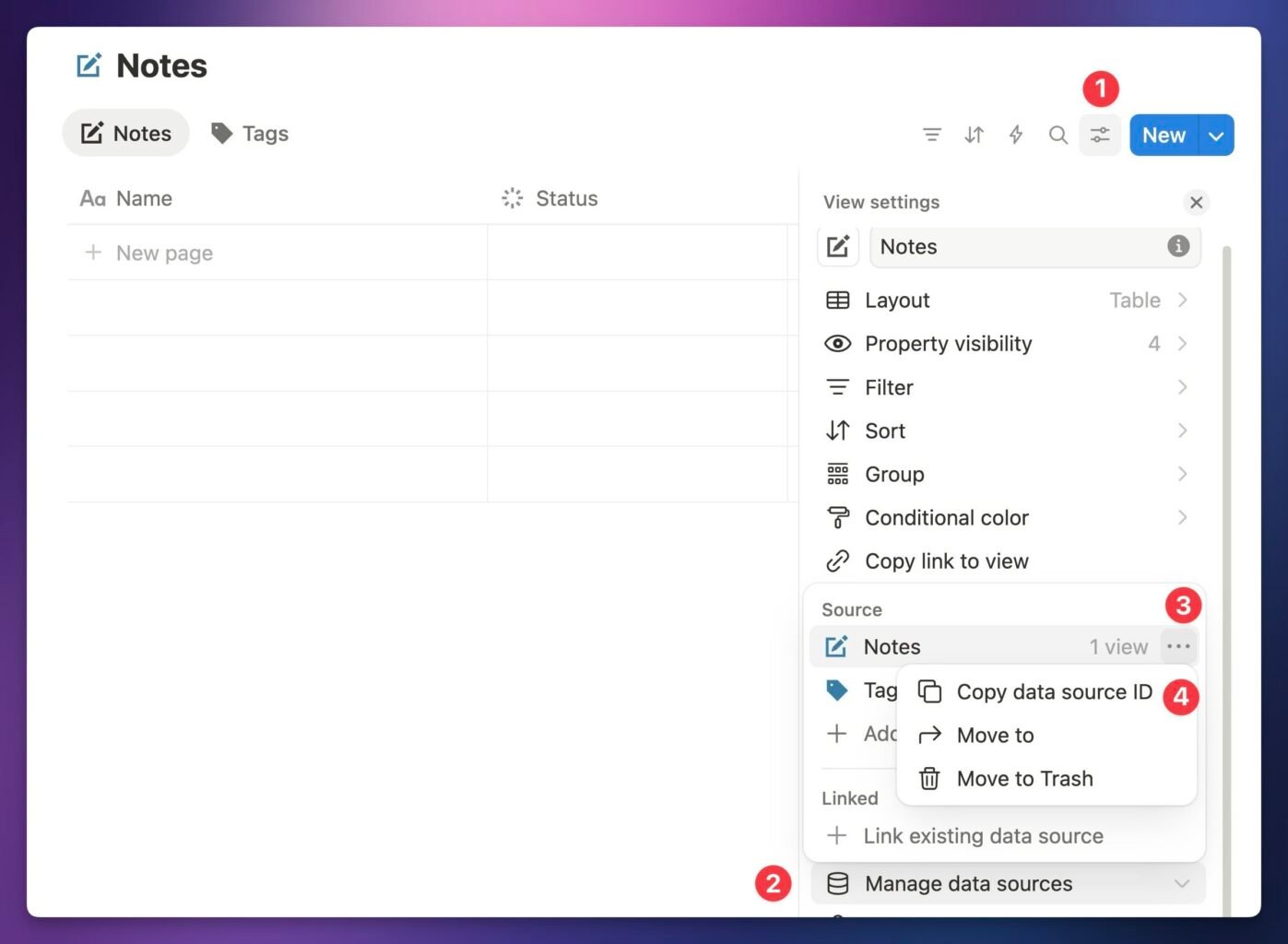 Screenshot showing how to get the data source ID of a data source. 
