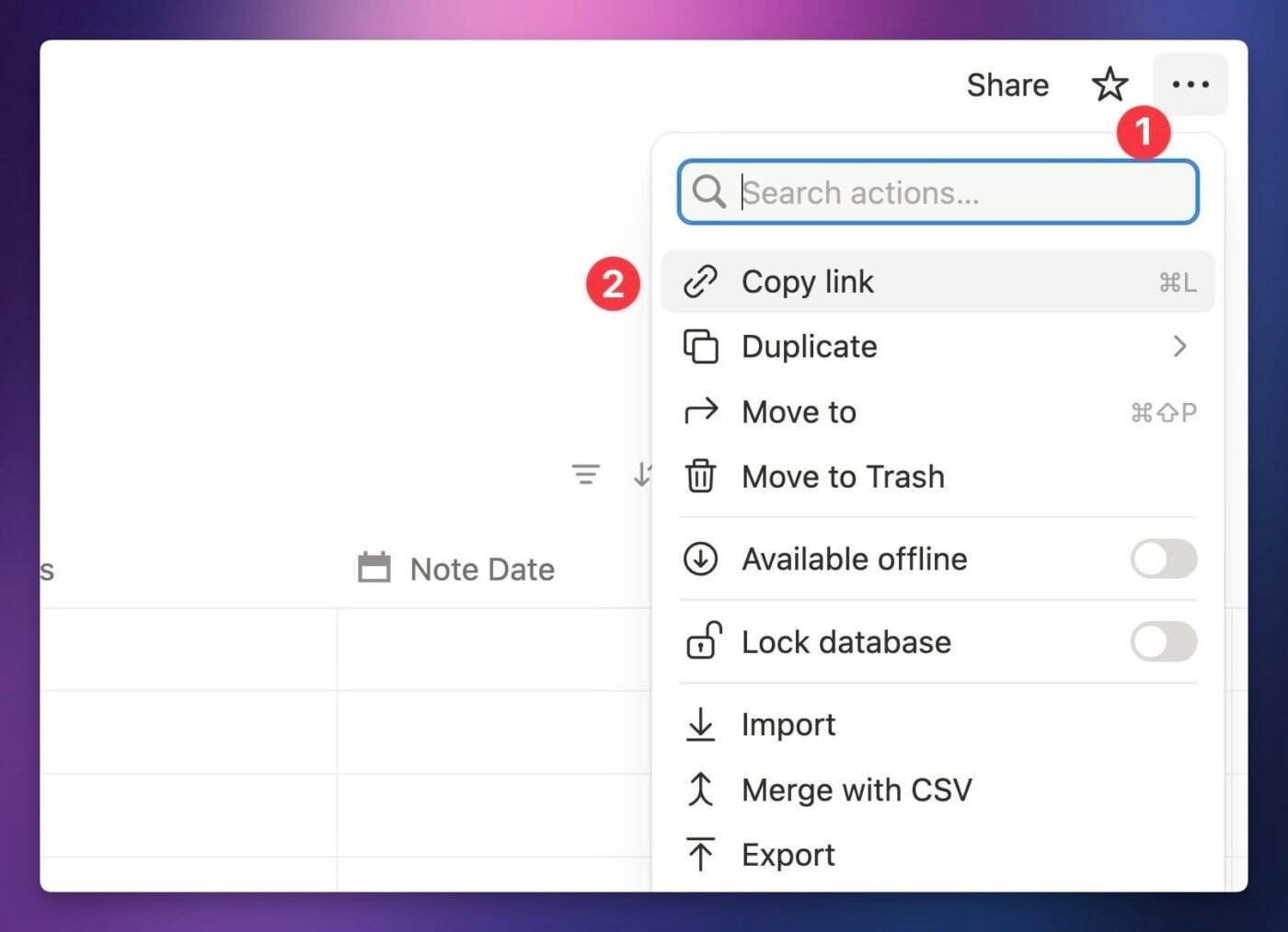 Screen shot showing how to copy the URL of a database. 