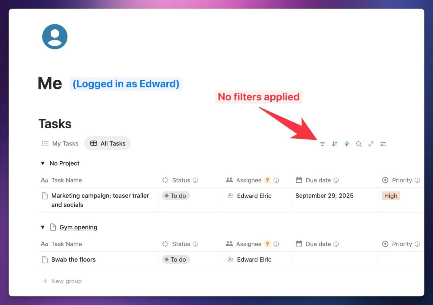 A screenshot showing only the tasks assigned to user Edward. 
