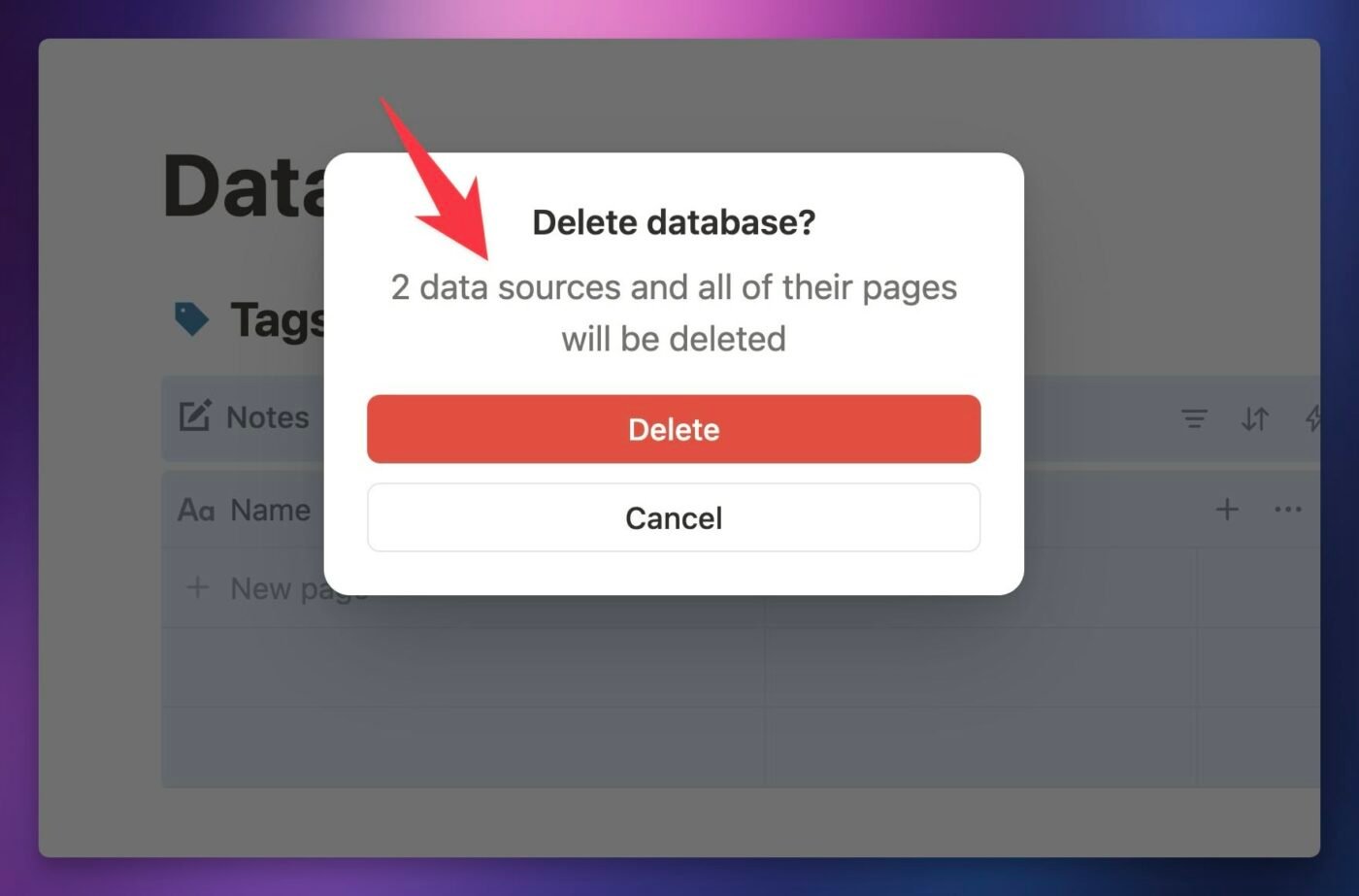 Screenshot showing the warning that pops up when you try to delete a database. 