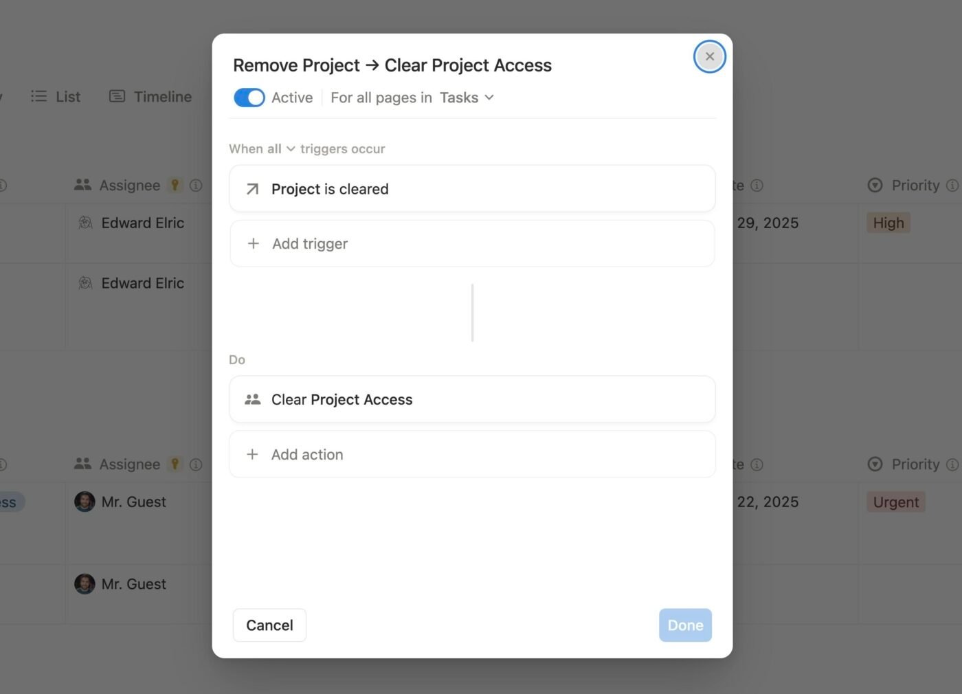 A screenshot shows an automation that clears the project access property when the project relation is cleared. 