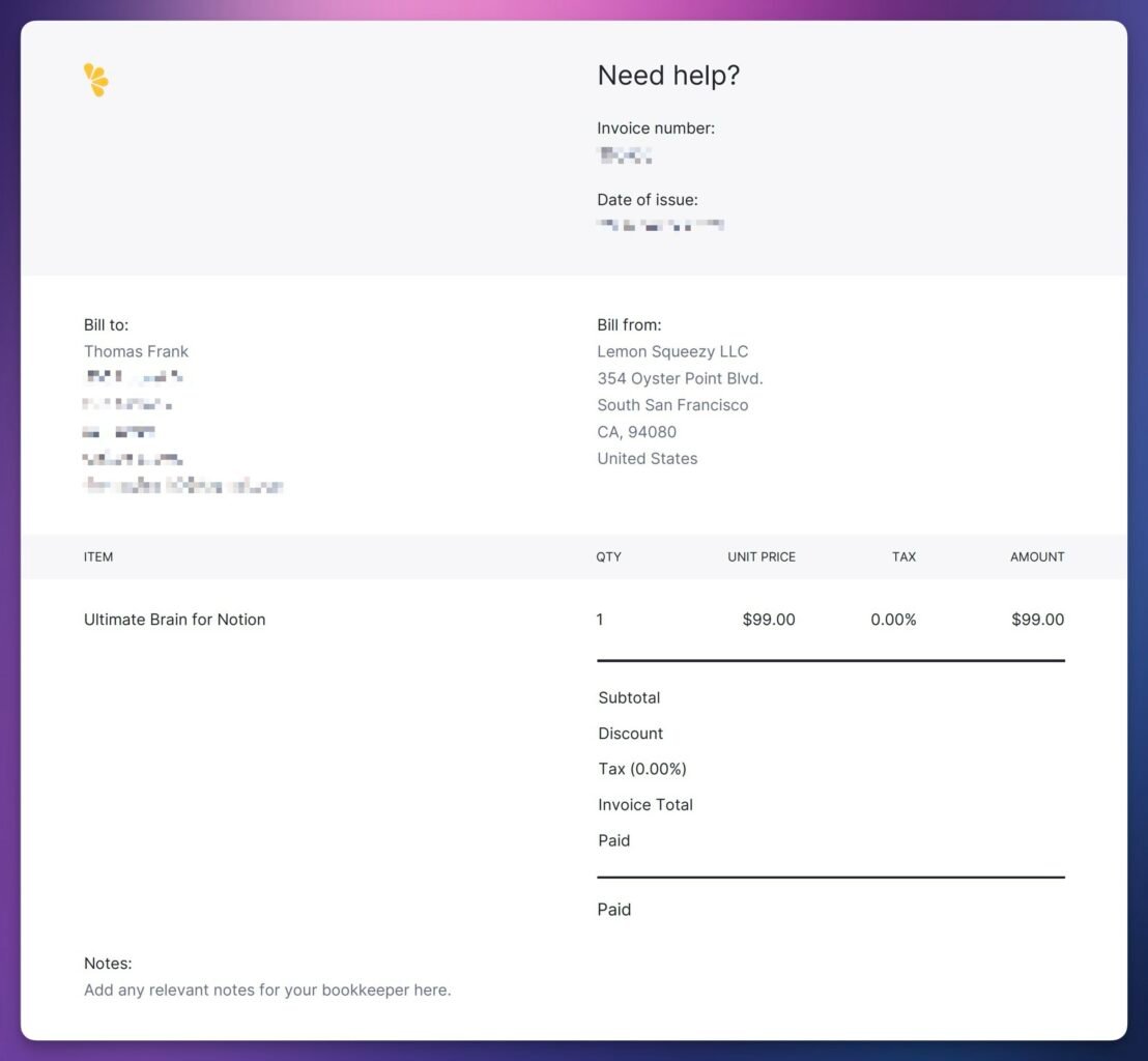A screenshot of an example invoice generated from Lemon Squeezy. 