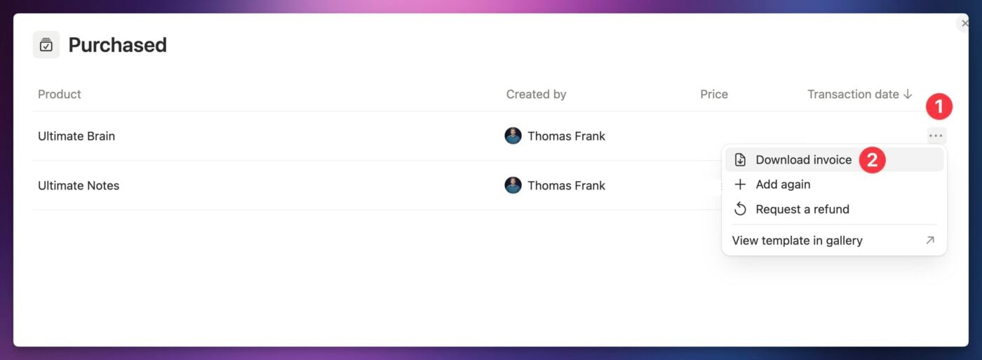 A screenshot of the purchased templates from the Notion Marketplace. 