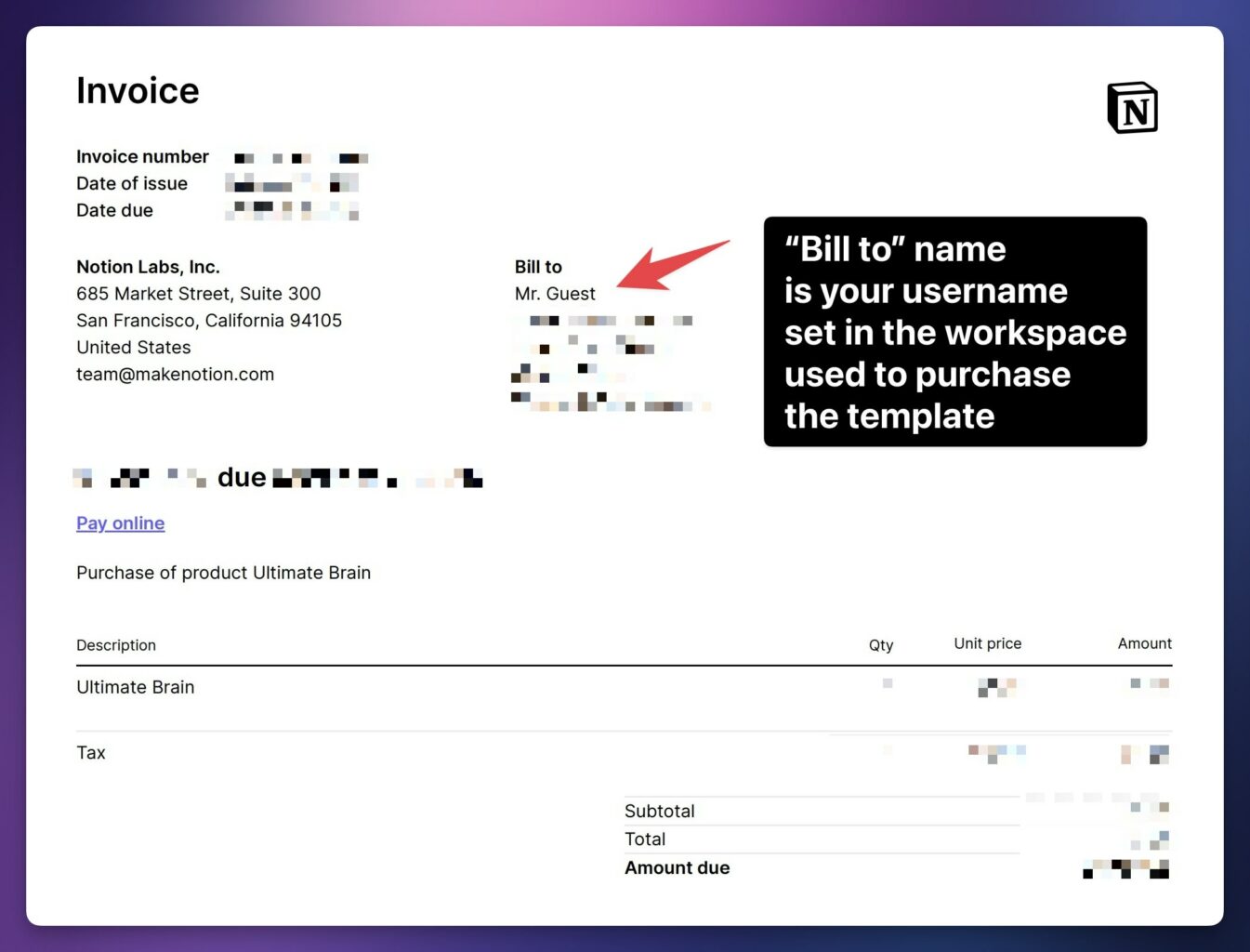 A screenshot of an example invoice from the Notion Marketplace. 