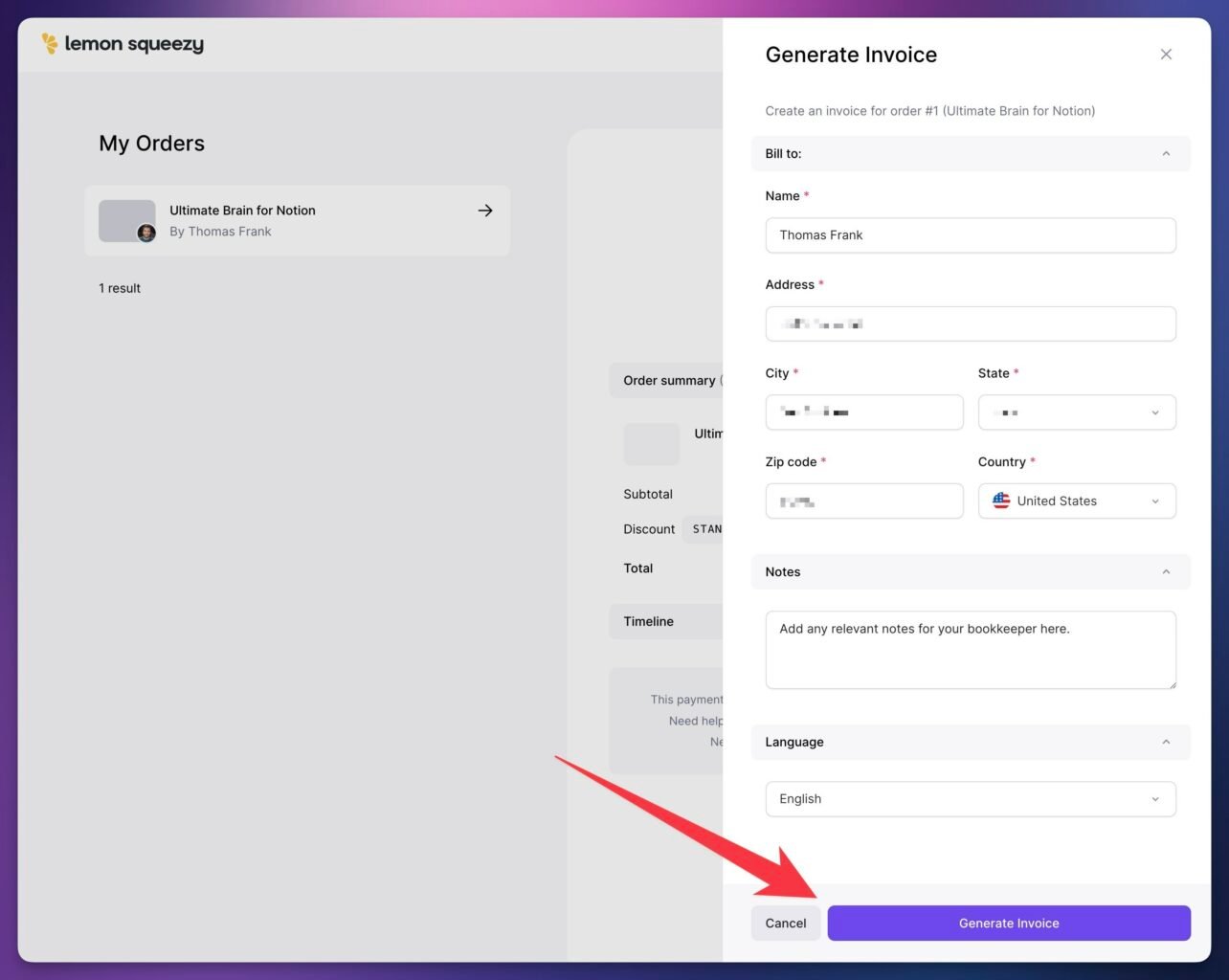 A screenshot of the generate invoice form. 
