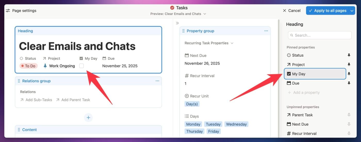 Pinning the My Day checkbox to the top of all task pages. 