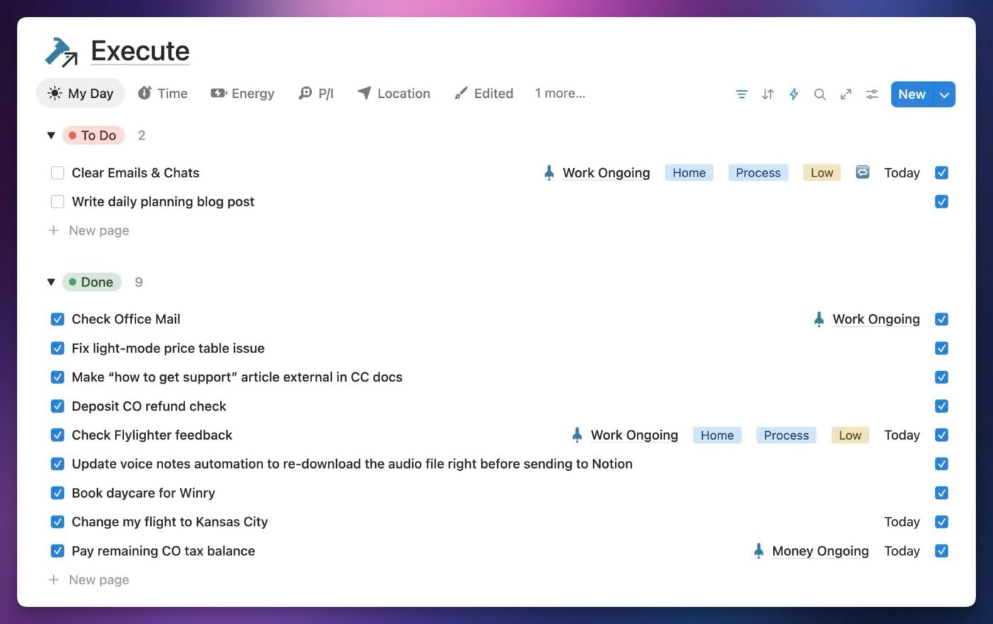 An example of the execute section in my daily planner. 