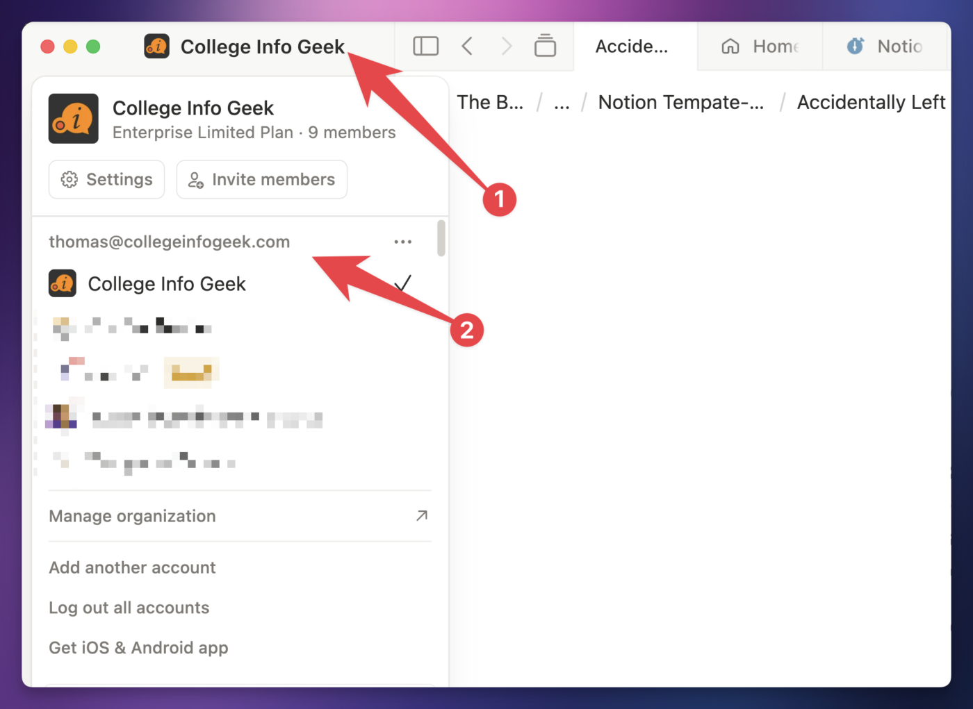 The workspace switcher in Notion.