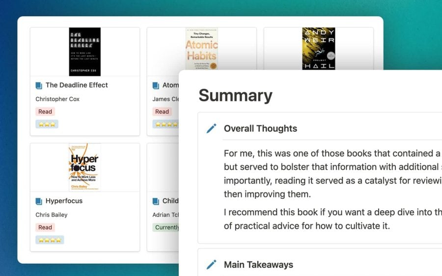 Book Tracker view in Ultimate Brain